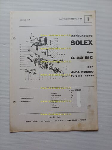 Solex carburatore C.32 BIC Alfa Romeo furgone Romeo 1969 catalogo …