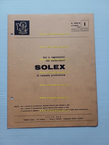 Solex manuale officina Tabella Regolazioni Carburatori auto 1967 originale