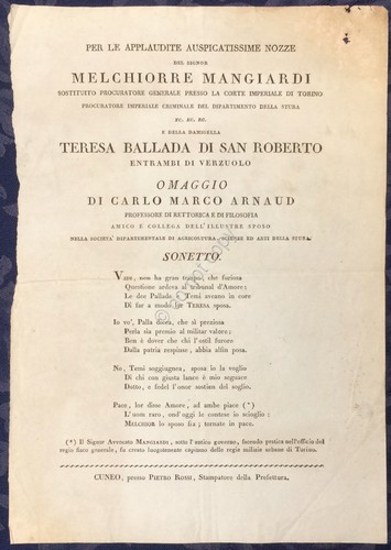 Sonetto per le Nozze di Melchiorre Mangiardi e Teresa Ballada …