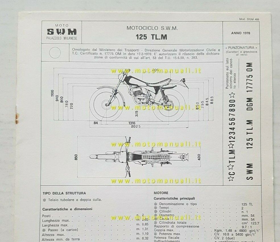 SWM 125 TL.M Trial 1978 scheda omologazione DGM originale Motorizzazione