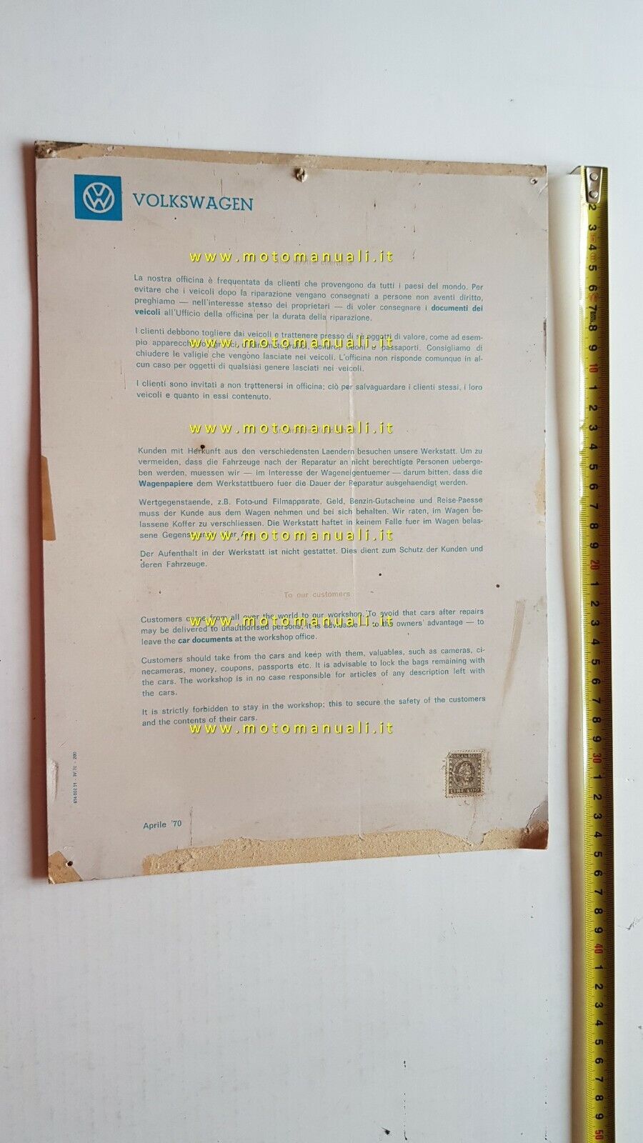 Volkswagen tabella officine autorizzate servizio VW 1970 originale cartonato