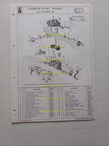 Weber carburatore 32 DATRA 100 Fiat X1.9 California 1975 catalogo …