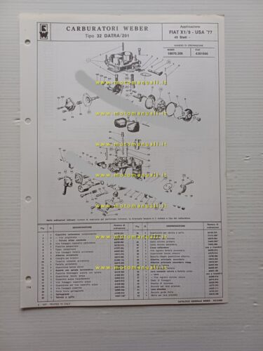 Weber carburatore 32 DATRA 201 Fiat X1.9 USA 1977 catalogo …