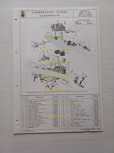 Weber carburatore 32 DATRA 8.100 Fiat X1.9 USA condizionat.1976 catalogo …