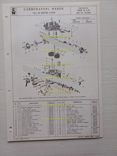 Weber carburatore 32 DATRA 8.200 Fiat X1.9 USA 1976 catalogo …