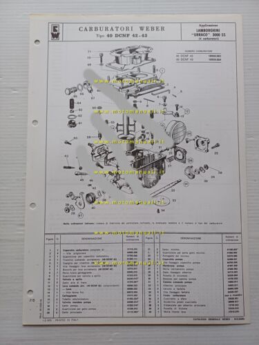 Weber carburatore 40 DCNF 42-43 Lamborghini Urraco 1975 catalogo ricambi …