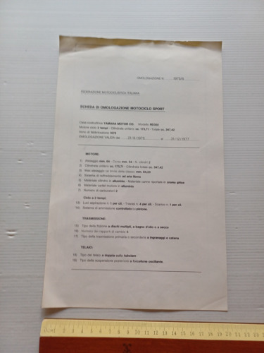 Yamaha RD 350 1975-77 scheda omologazione FMI Motociclo Sport originale