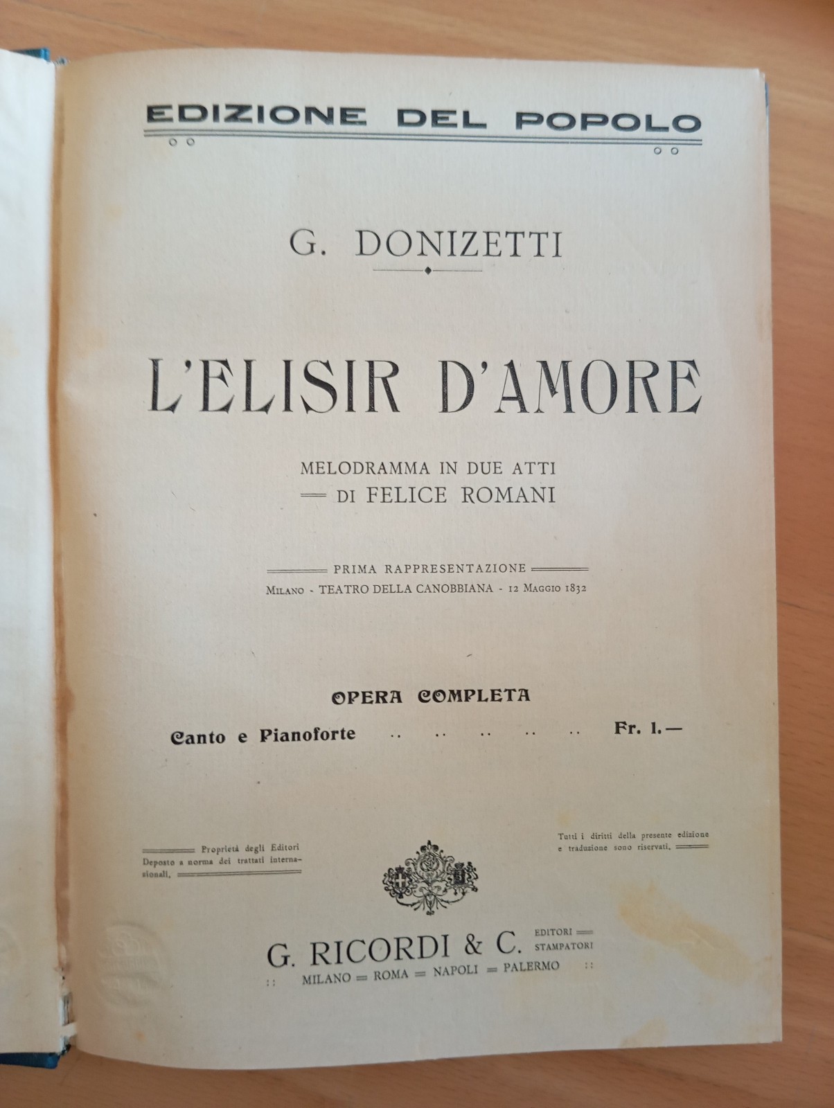 Donizetti, L'elisir d'amore, spartito canto e pianoforte, rllegato Ricordi 1920?