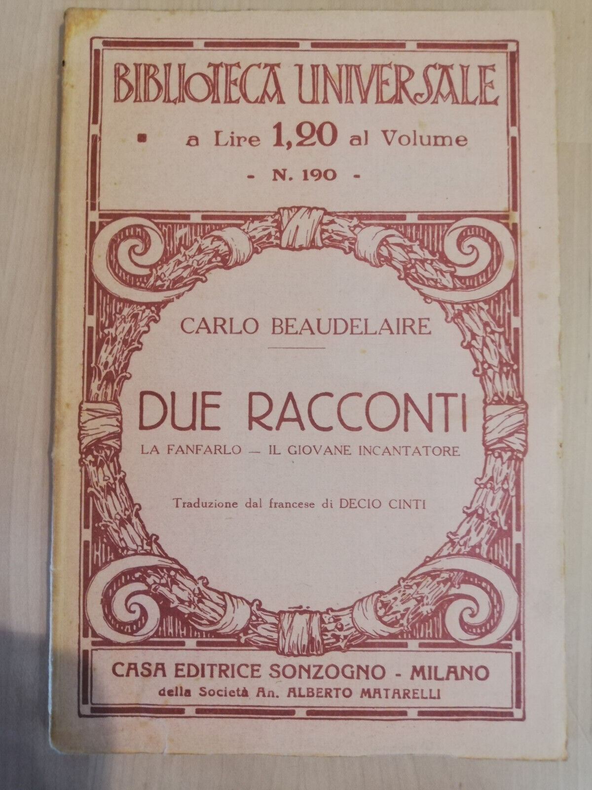 Due racconti, Carlo Baudelaire, Sonzogno, 1938