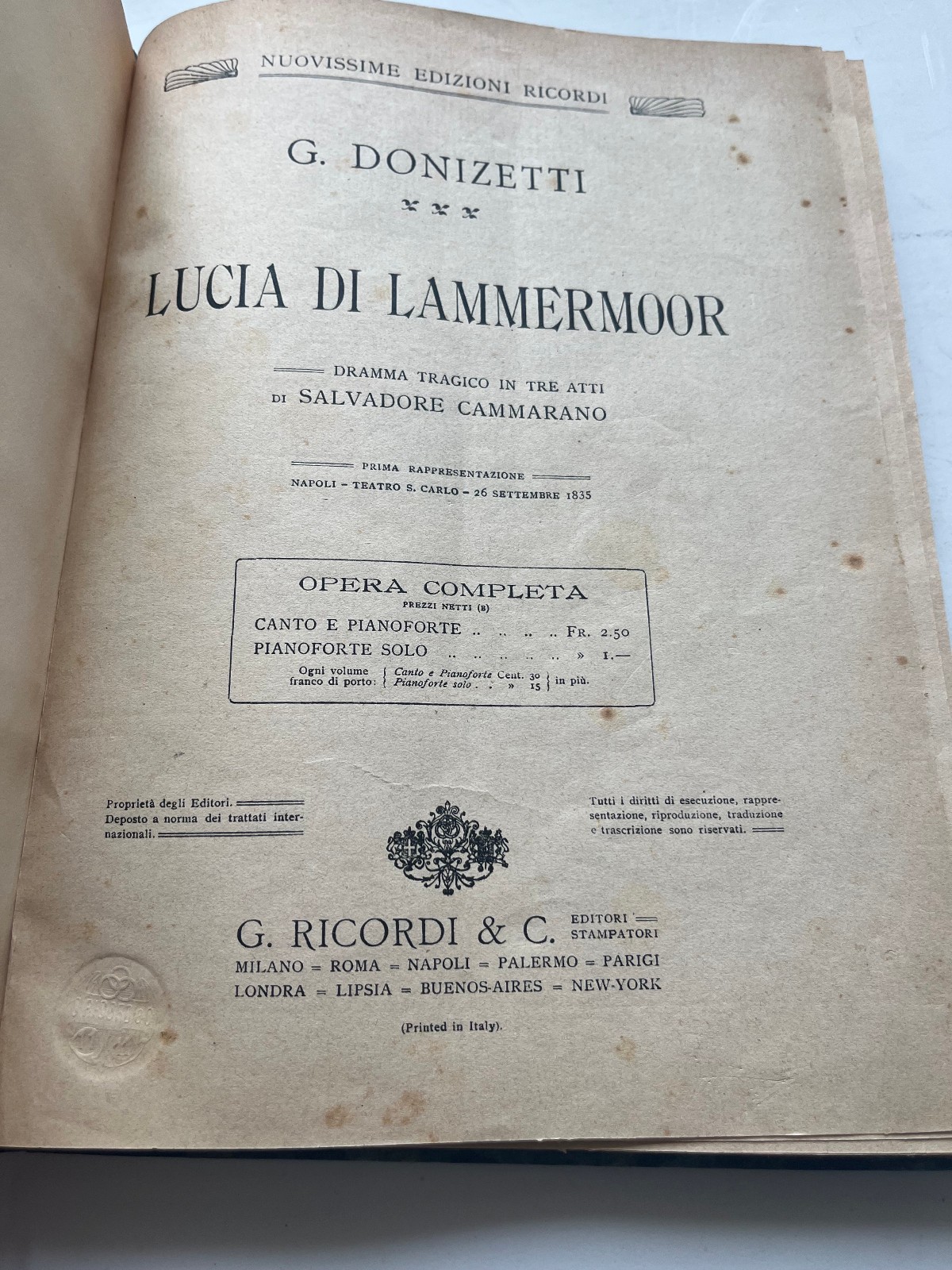 G. Donizzetti, Lucia di Lammermoor, spartito canto e pianoforte, Ricordi, …