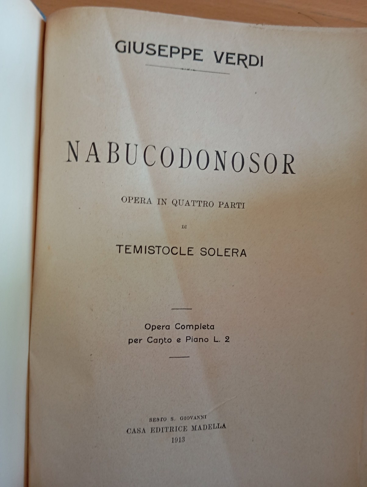 G. Verdi, Nabucodonosor, spartito canto e pianoforte, rllegato, Madella, 1913