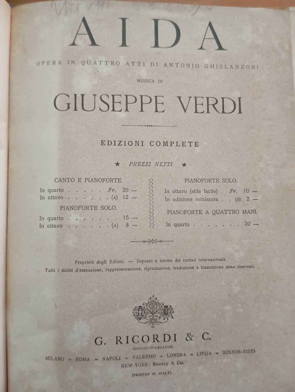 Giuseppe Verdi, Aida, spartito canto e pianoforte, rllegato, Ricordi, 1912?