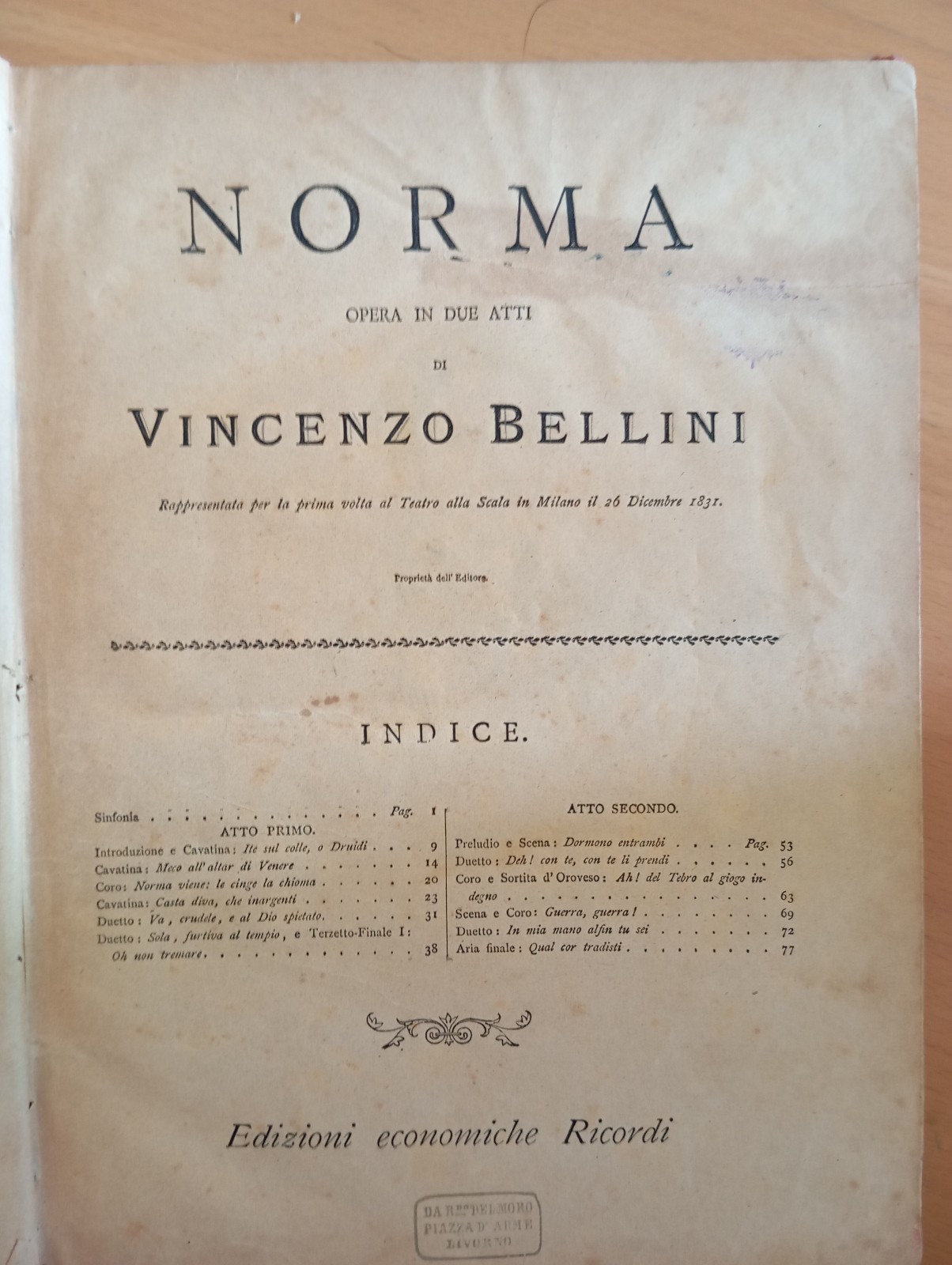 Vincenzo Bellini, Norma, spartito pianoforte, rllegato, Ricordi, 1880?