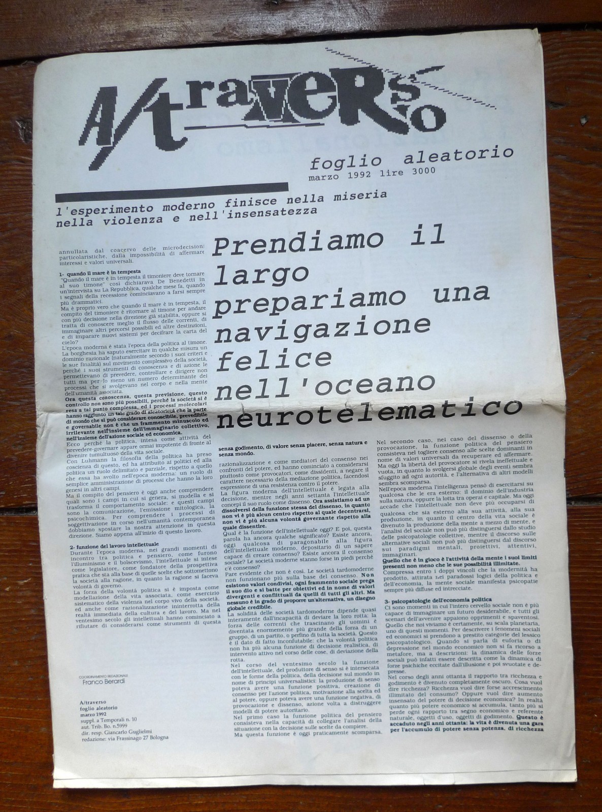 A/TRAVERSO Marzo 1992.FOGLIO ALEATORIO[Bologna,Bifo,Pierre Levy,informatica