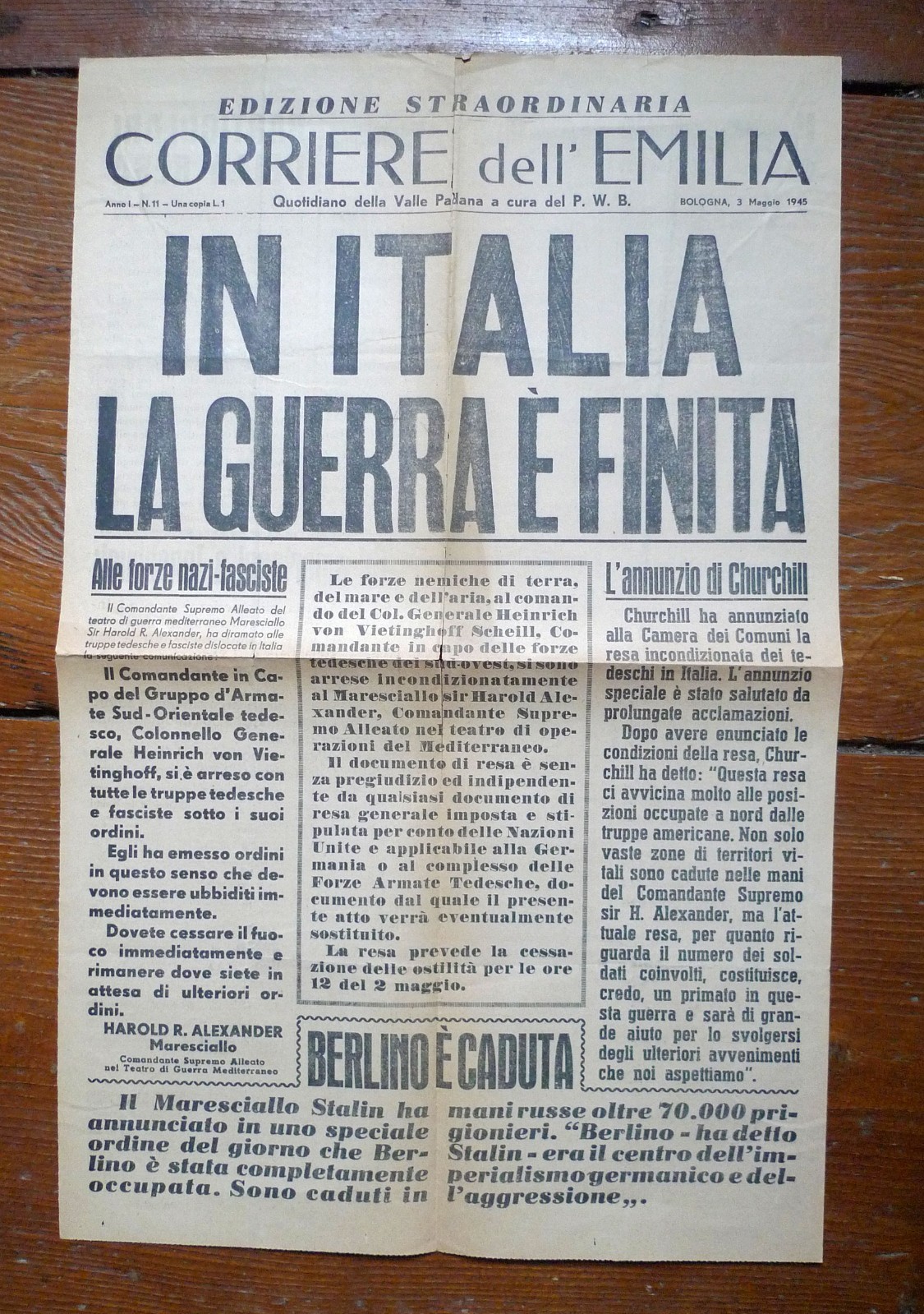 CORRIERE DELL'EMILIA n.11 3 Maggio 1945.ED.STRAORDINARIA.LA GUERRA È FINITA