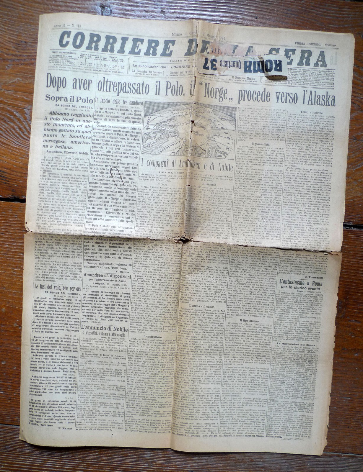 CORRIERE DELLA SERA 13 maggio 1926[trasvolata Polo Nord,dirigibile Norge,Nobile