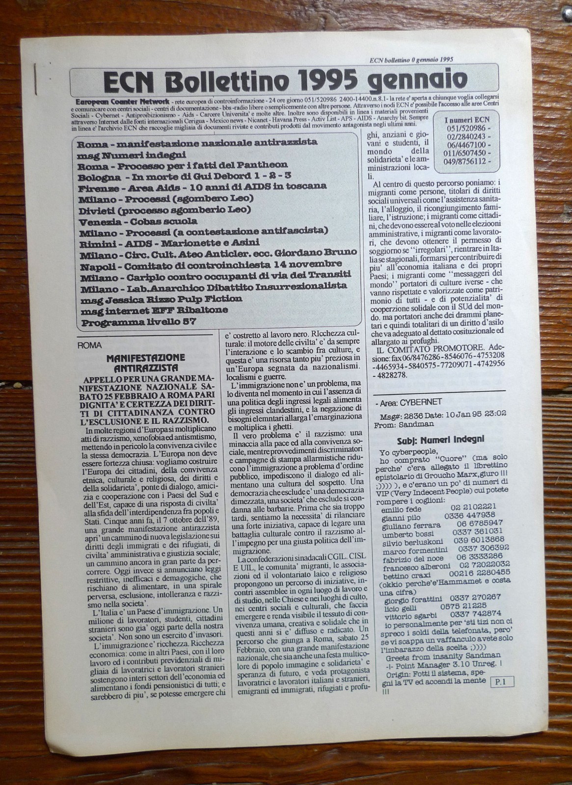 ECN(EUROPEAN COUNTER NETWORK)BOLLETTINO 0 gen.'95[hacktivism,controinformazione