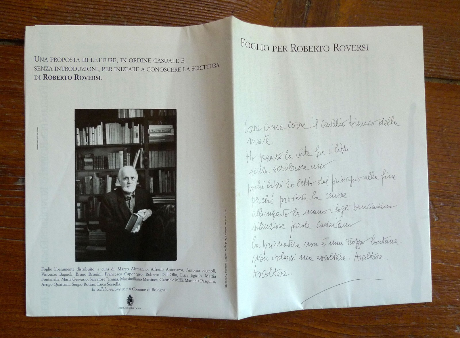 FOGLIO PER ROBERTO ROVERSI.Una proposta di letture,2012 Bologna[POESIA