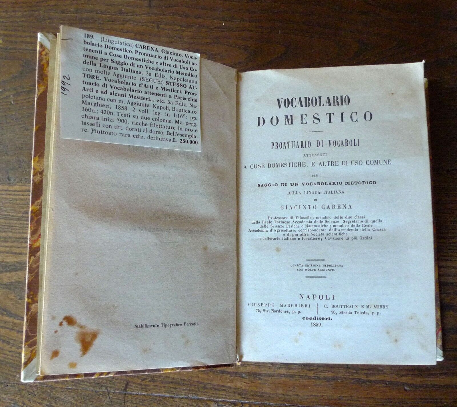 Giacinto Carena,VOCABOLARIO ITALIANO DOMESTICO+D'ARTI E MESTIERI,1859 Napoli