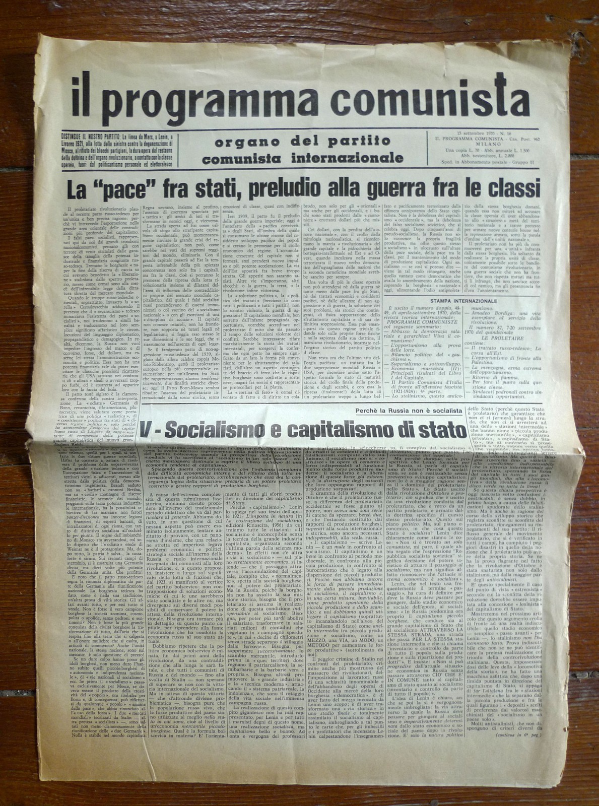 IL PROGRAMMA COMUNISTA ORGANO DEL PCInt n.16 15 settembre 1970[comunismo,Bordiga