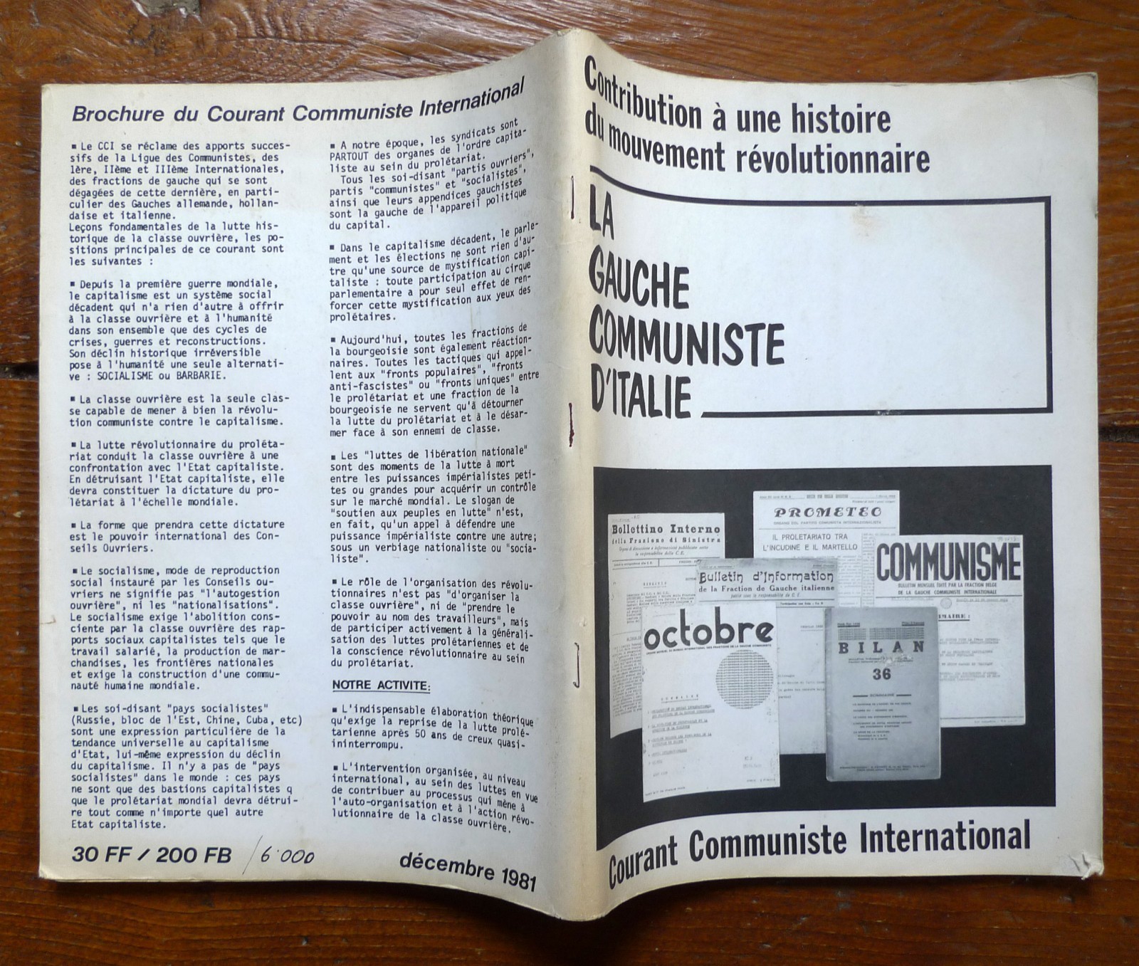 LA GAUCHE COMMUNISTE D'ITALIE,1982 CCI[storia comunismo,Italia,Bordiga