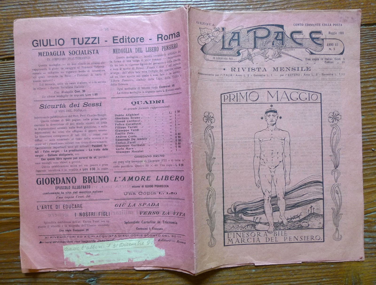 LA PACE n.5 1909.Rivista mensile,Genova[pacifismo,sindacalismo rivoluzionario
