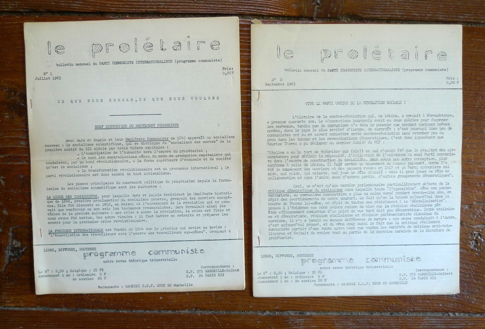 LE PROLETAIRE 1/2 Jui/Sep 1963.Bulletin PARTI COMMUNISTE INTERNATIONALISTE[PCInt