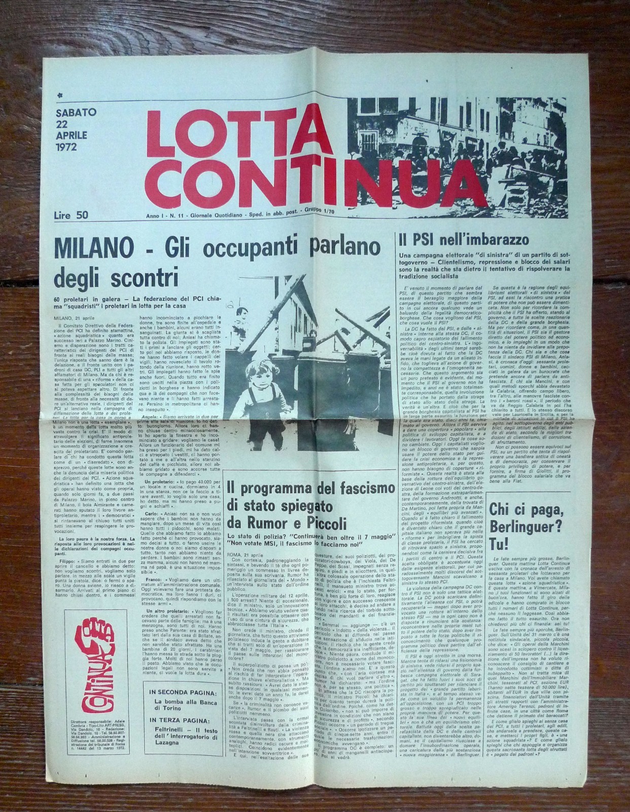 LOTTA CONTINUA Giornale Quotidiano Anno I-N.11 Sabato 22 Aprile 1972[comunismo