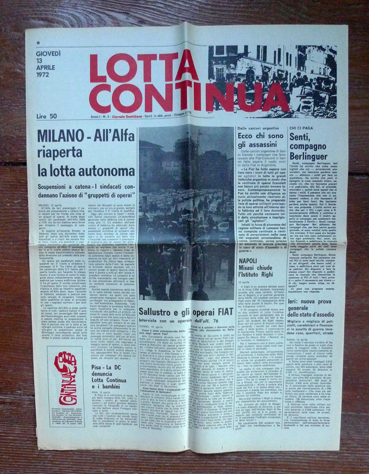 LOTTA CONTINUA Giornale Quotidiano Anno I-N.3 Giovedì 13 Aprile 1972[comunismo