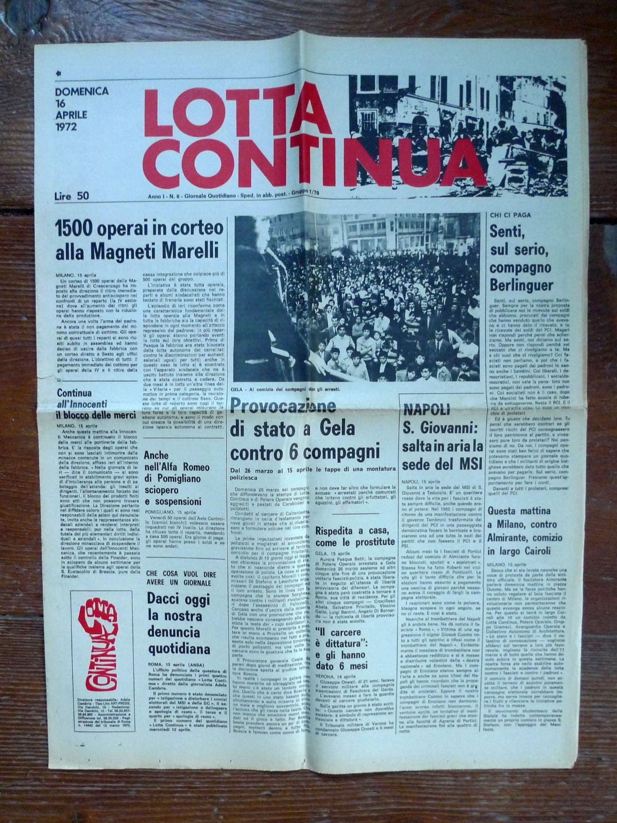 LOTTA CONTINUA Giornale Quotidiano Anno I-N.6 Domenica 16 Aprile 1972[comunismo