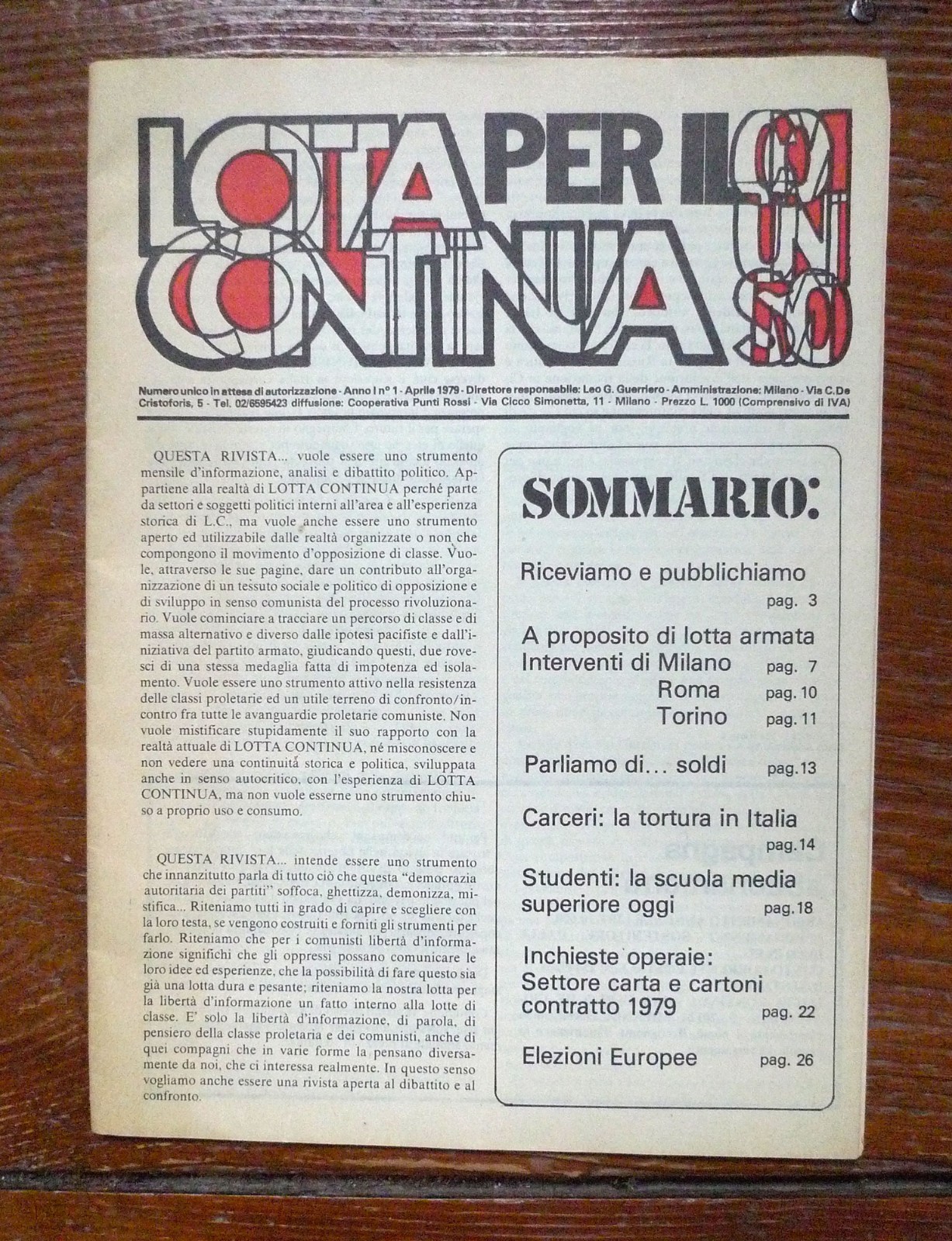 LOTTA CONTINUA PER IL COMUNISMO Anno I n.1 Aprile 1979[lotta …