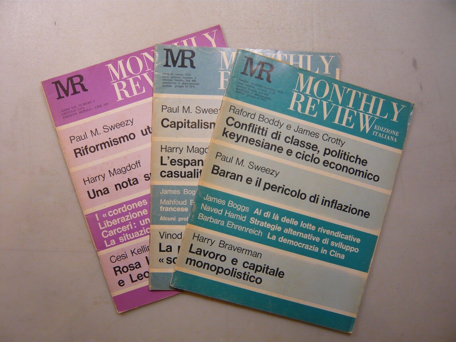 Lotto MONTHLY REVIEW,Dedalo, 1974, 3 numeri[Leo Guberman,Sweezy