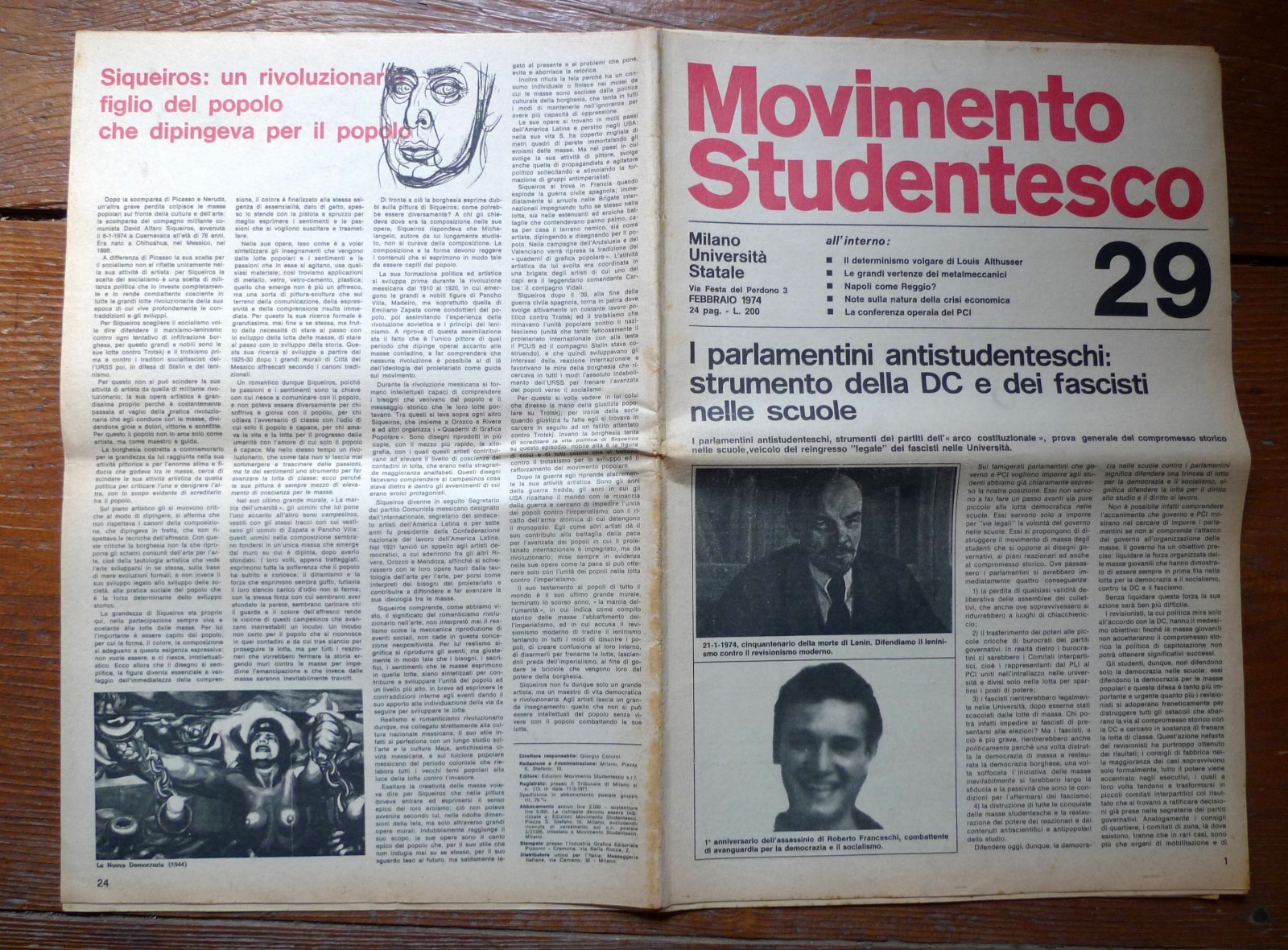 MOVIMENTO STUDENTESCO MILANO UNIVERSITÀ STATALE n.29 Febbraio 1974[comunismo
