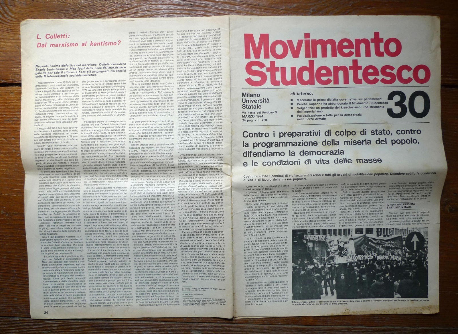 MOVIMENTO STUDENTESCO MILANO UNIVERSITÀ STATALE n.30 Marzo 1974[comunismo