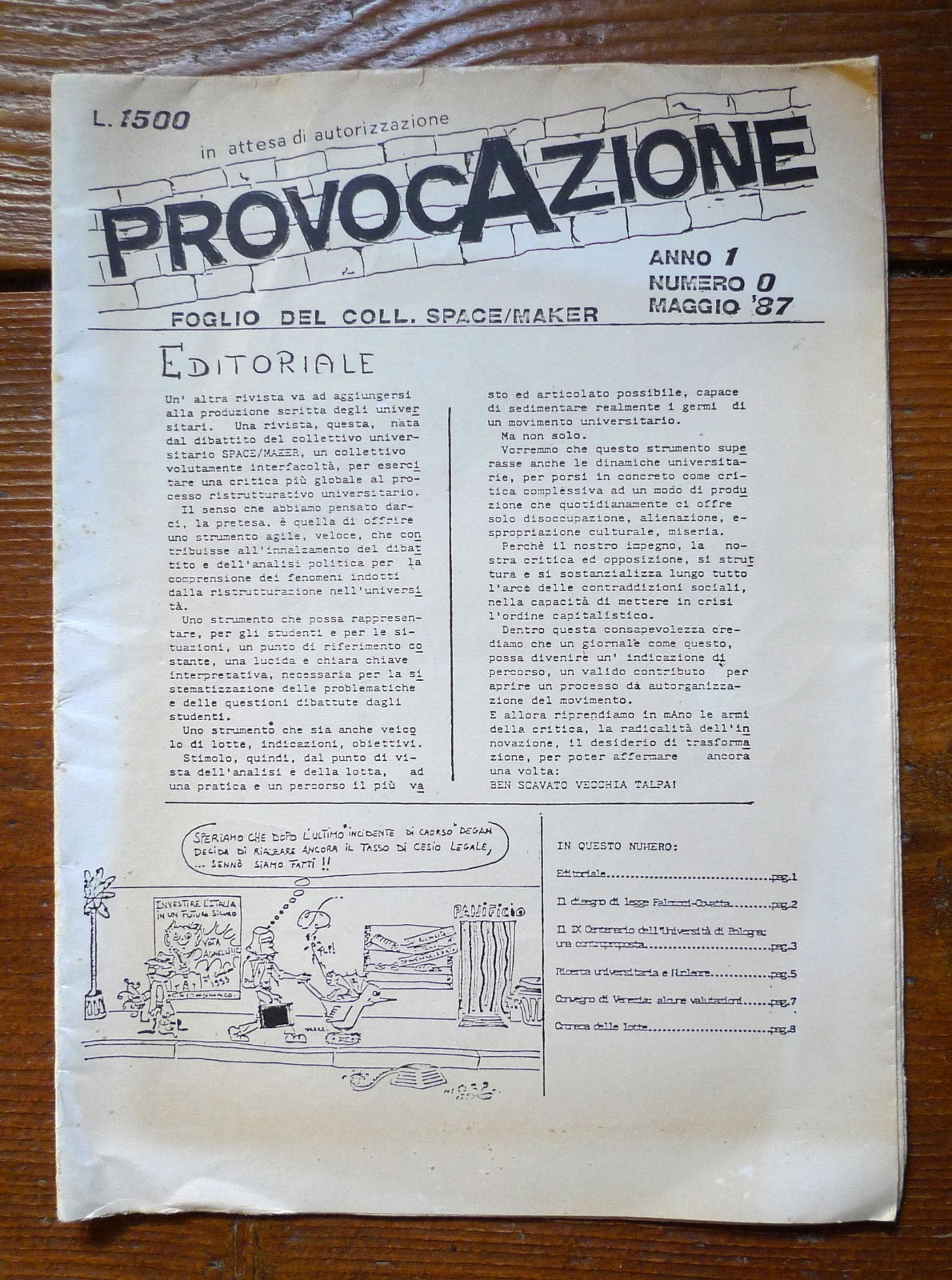 PROVOCAZIONE Anno 1 N.0 1987.Foglio del collettivo SPACE/MAKER,Bologna[movimento