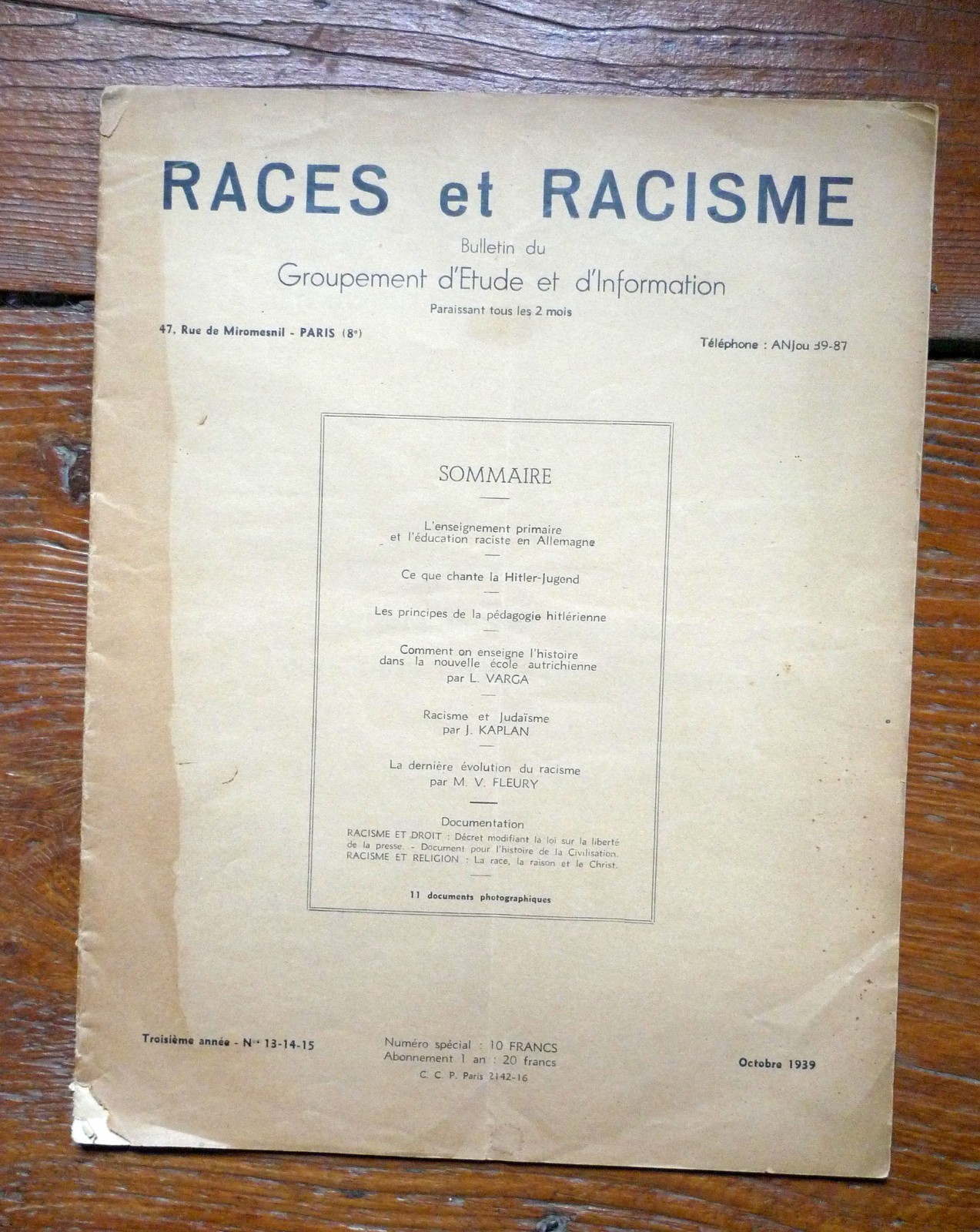 RACES ET RACISME.n.13-14-15 1939.BULLETIN DU GROUPEMENT D'ETUDE ET D'INFORMATION