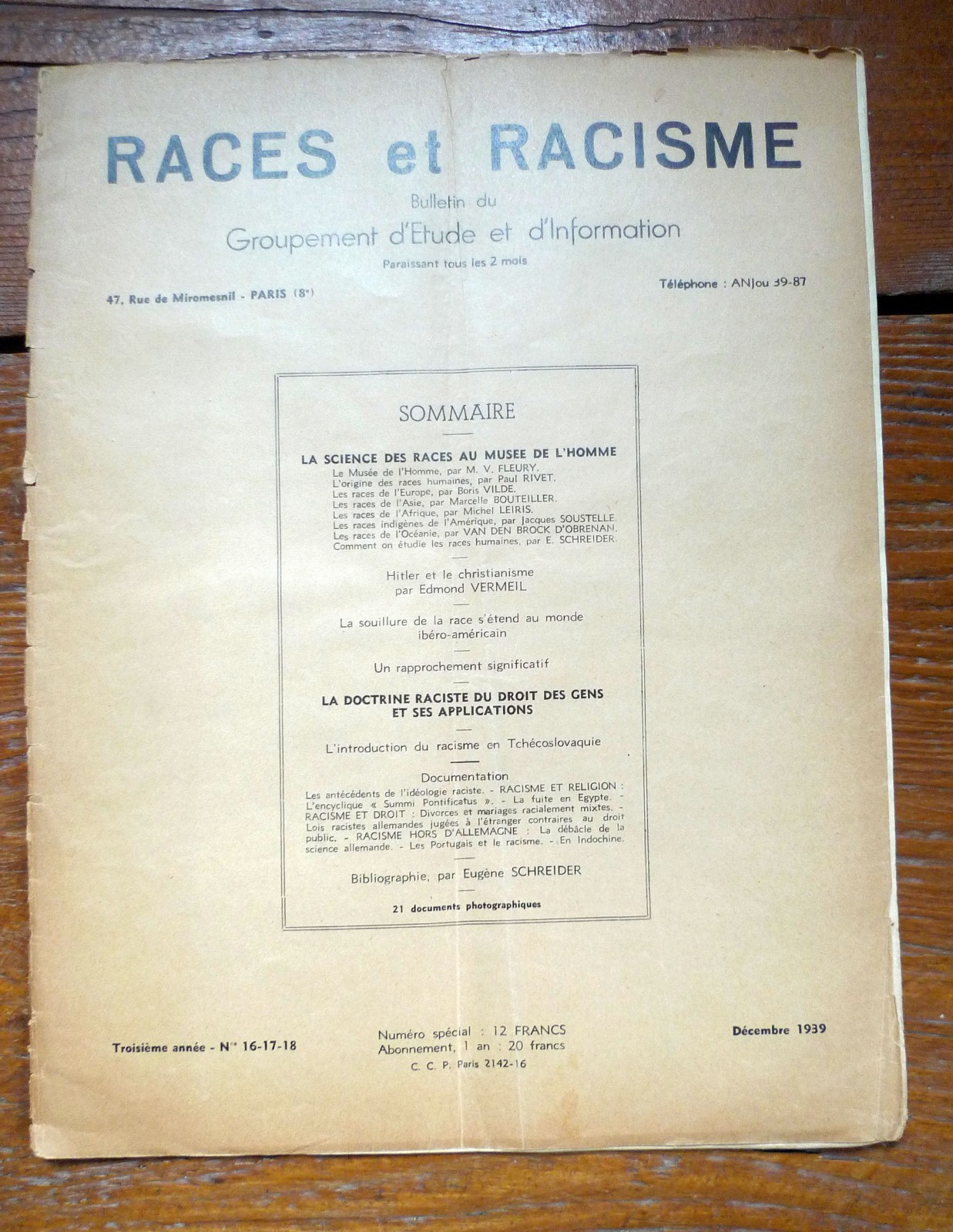 RACES ET RACISME.n.16-17-18 1939.BULLETIN DU GROUPEMENT D'ETUDE ET D'INFORMATION