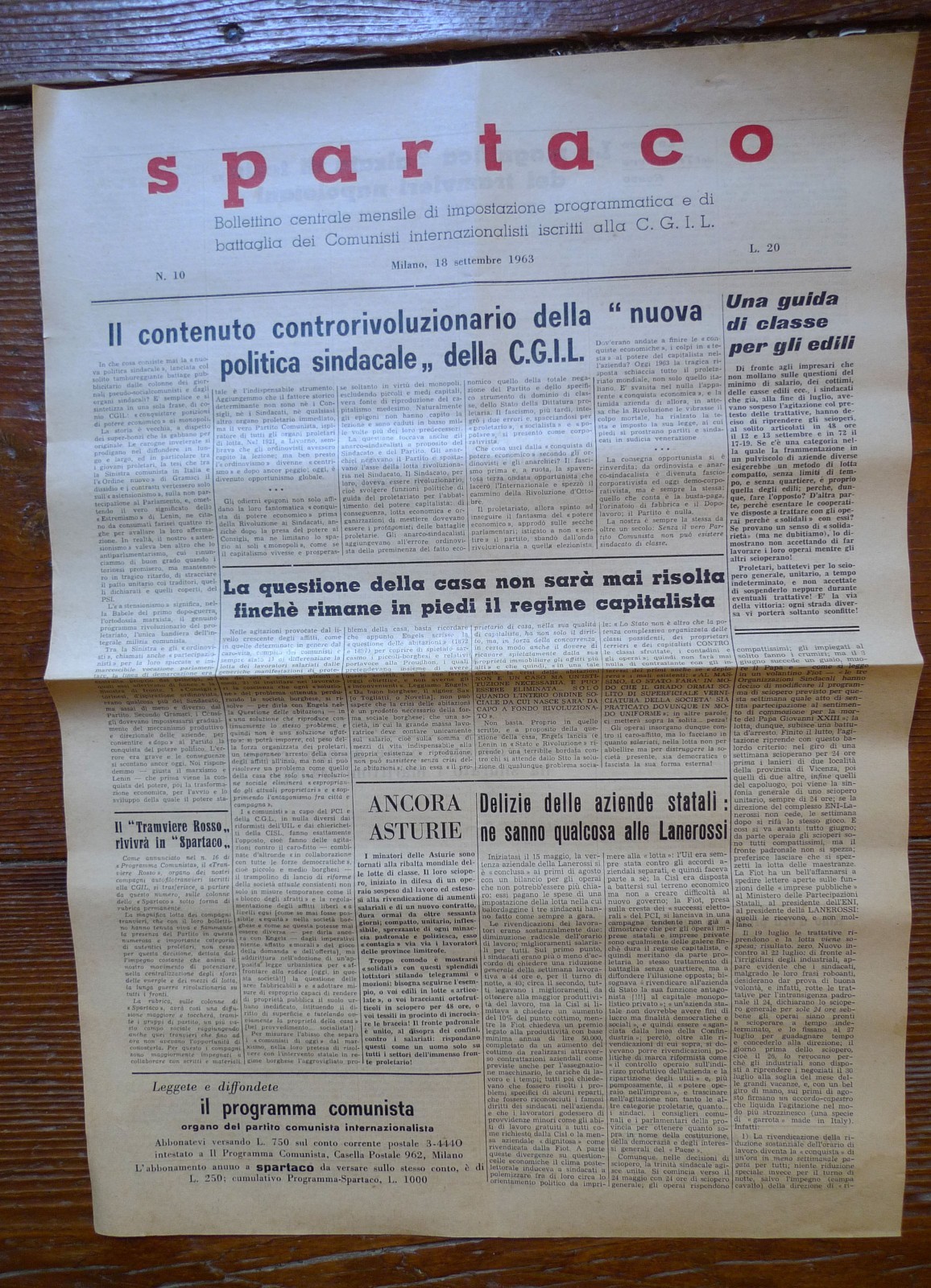 SPARTACO n.10 18 Sett.1963.Bollettino dei Comunisti Internazionalisti[CGIL,PCInt