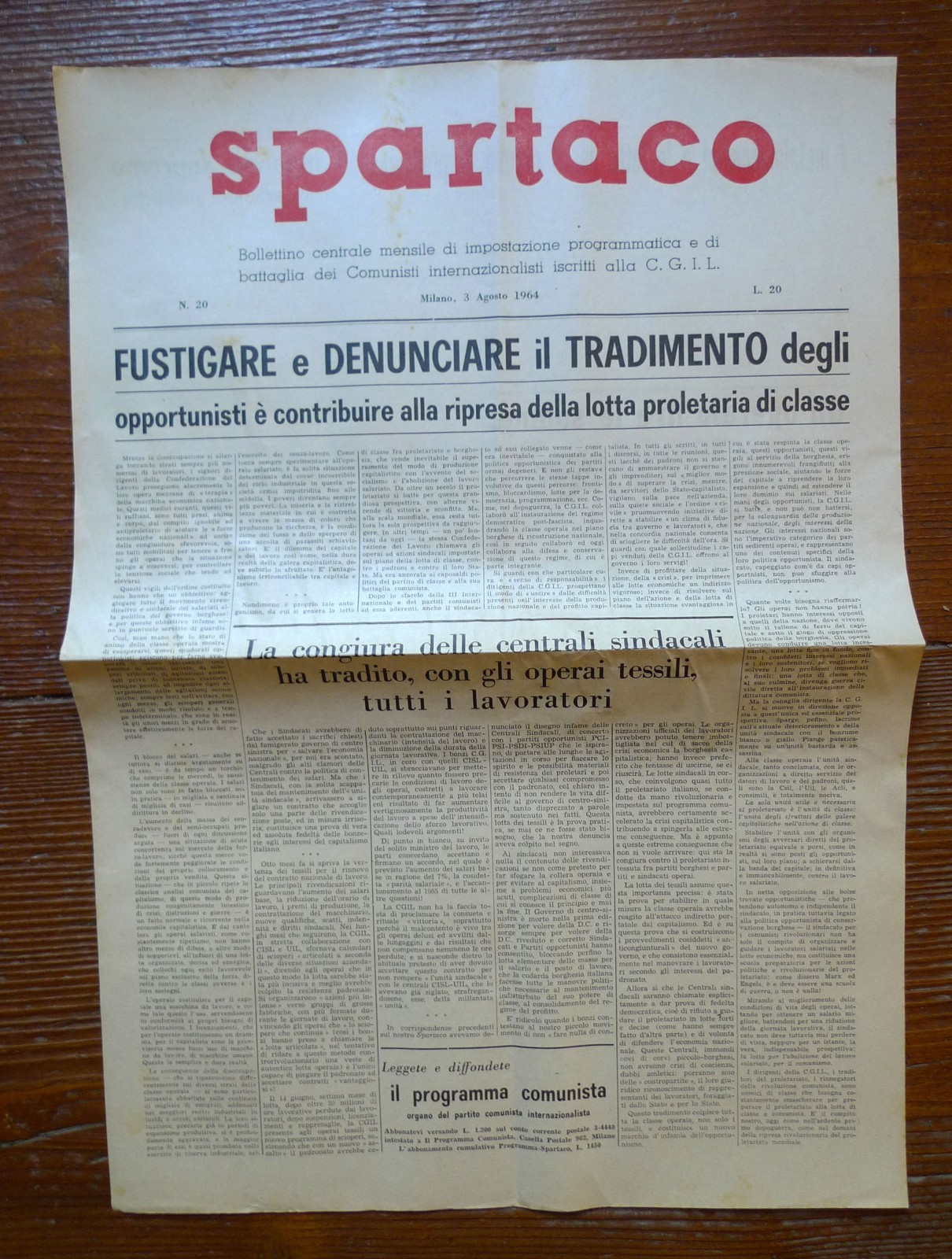 SPARTACO n.20 3 Ago 1964.Bollettino dei Comunisti Internazionalisti[CGIL,PCInt