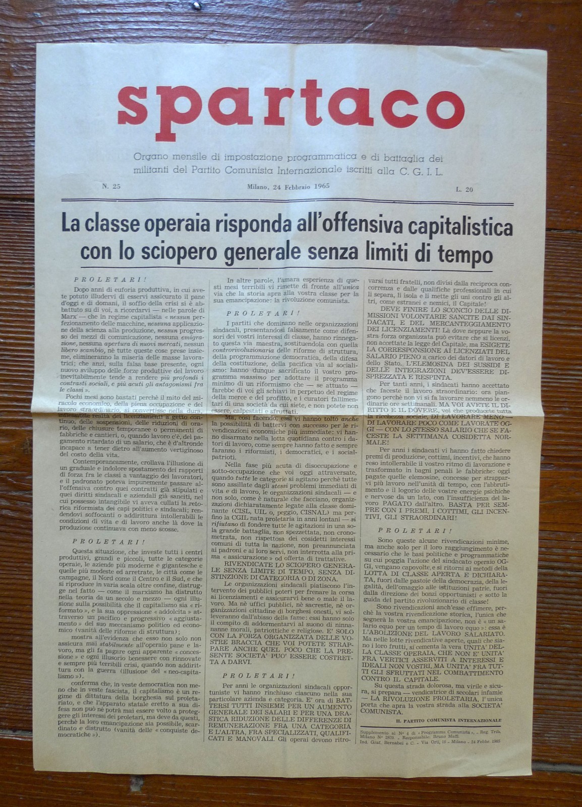SPARTACO n.25 24 Feb.1965.Bollettino dei Comunisti Internazionalisti[CGIL,PCInt