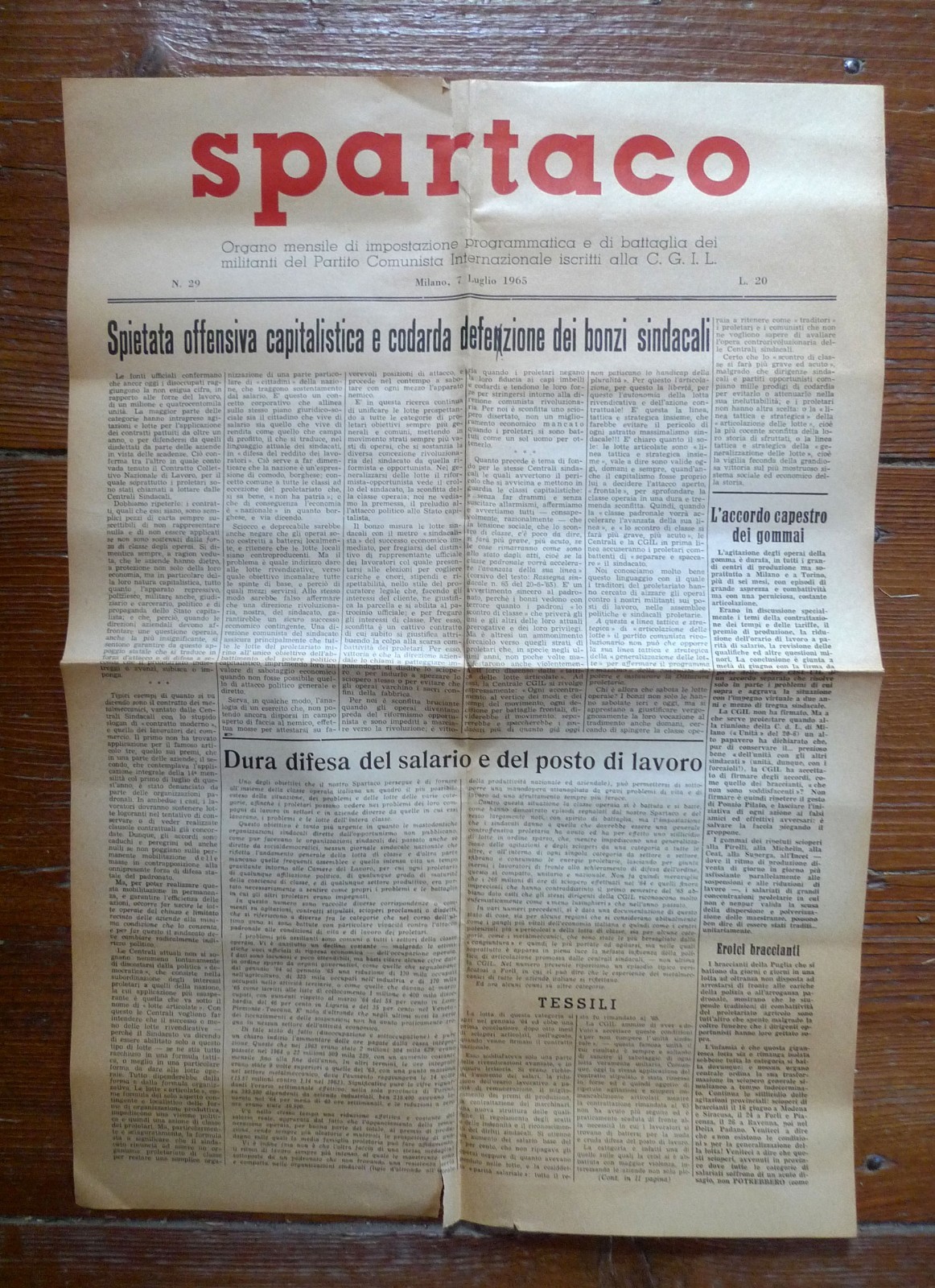 SPARTACO n.29 7 luglio 1965.Organo mensile PCInt,CGIL[comunismo,giornale