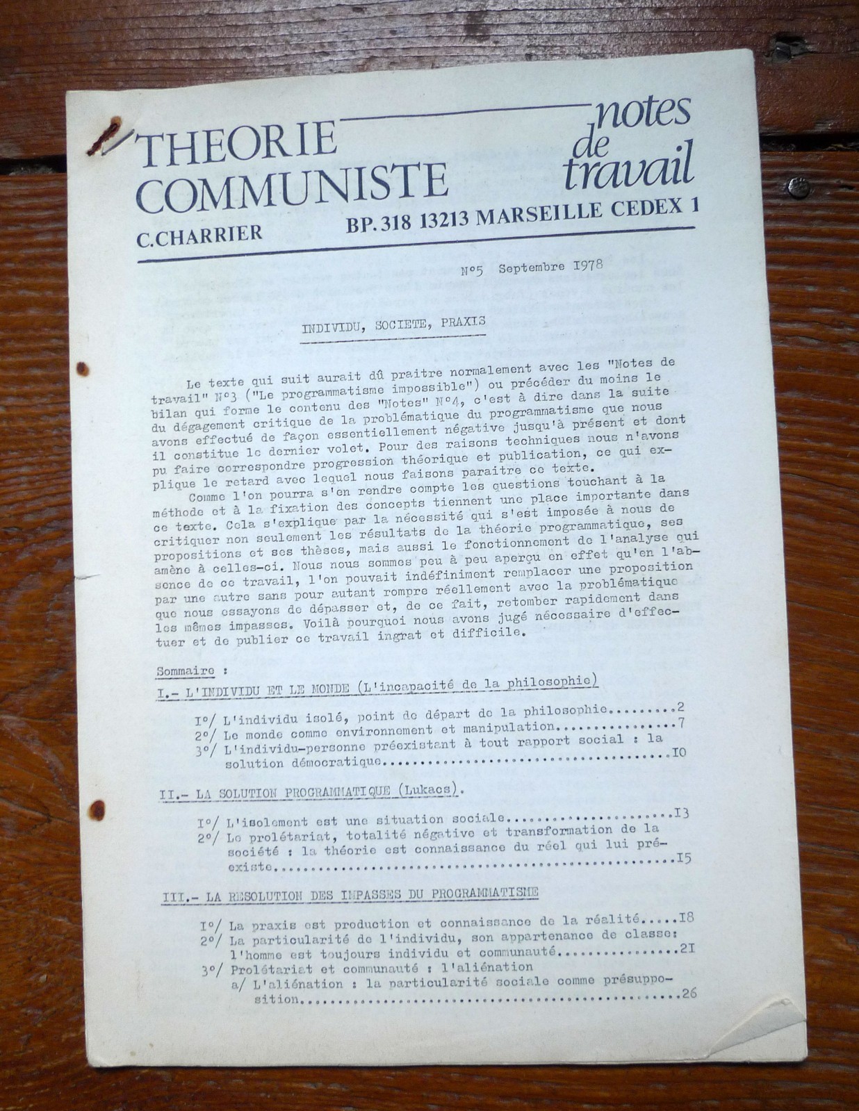 THEORIE COMMUNISTE.NOTES DE TRAVAIL.N.5 1978 Marseille[C.Charrier,comunismo