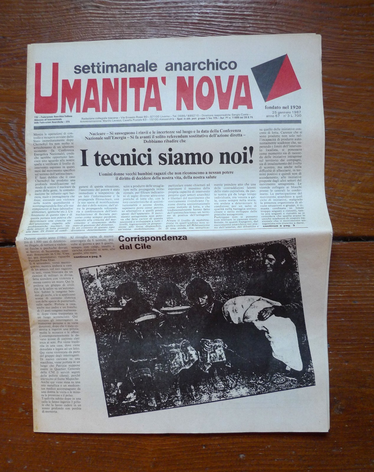 UMANITÀ NOVA.Settimanale anarchico Anno 67 n.3 25 gennaio 1987[CILE,Berneri