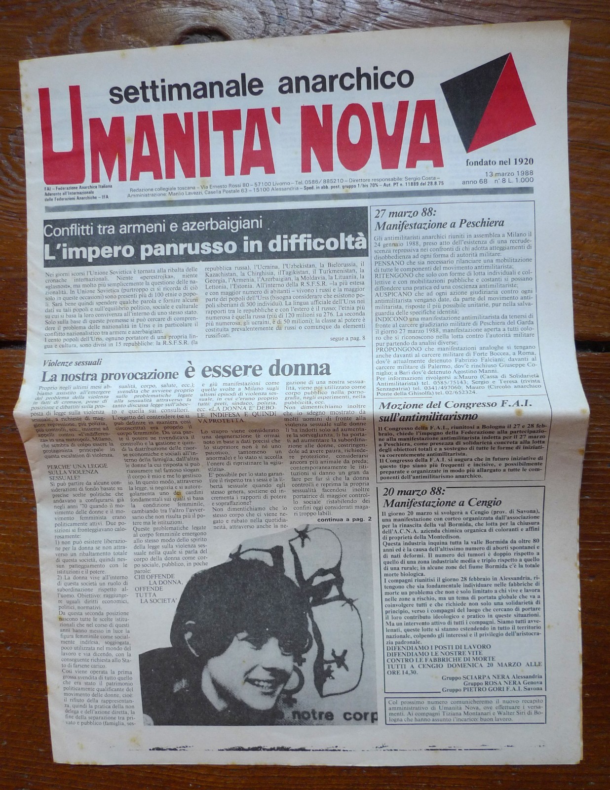 UMANITÀ NOVA.Settimanale anarchico Anno 68 n.8 13 marzo 1988[violenza sessuale