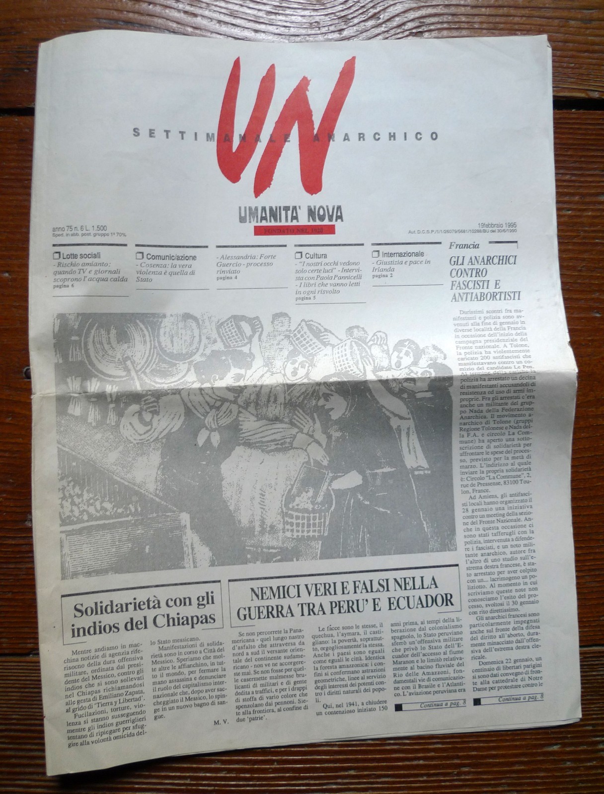 UMANITÀ NOVA.Settimanale anarchico.Anno 75 n.6 19 feb.1995[ANARCHIA