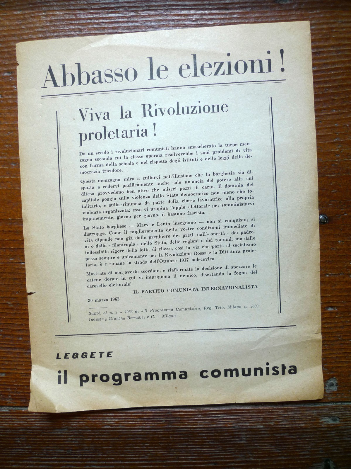 [VOLANTINO]ABBASSO LE ELEZIONI!VIVA LA RIVOLUZIONE PROLETARIA!PCInt 1963[Bordiga