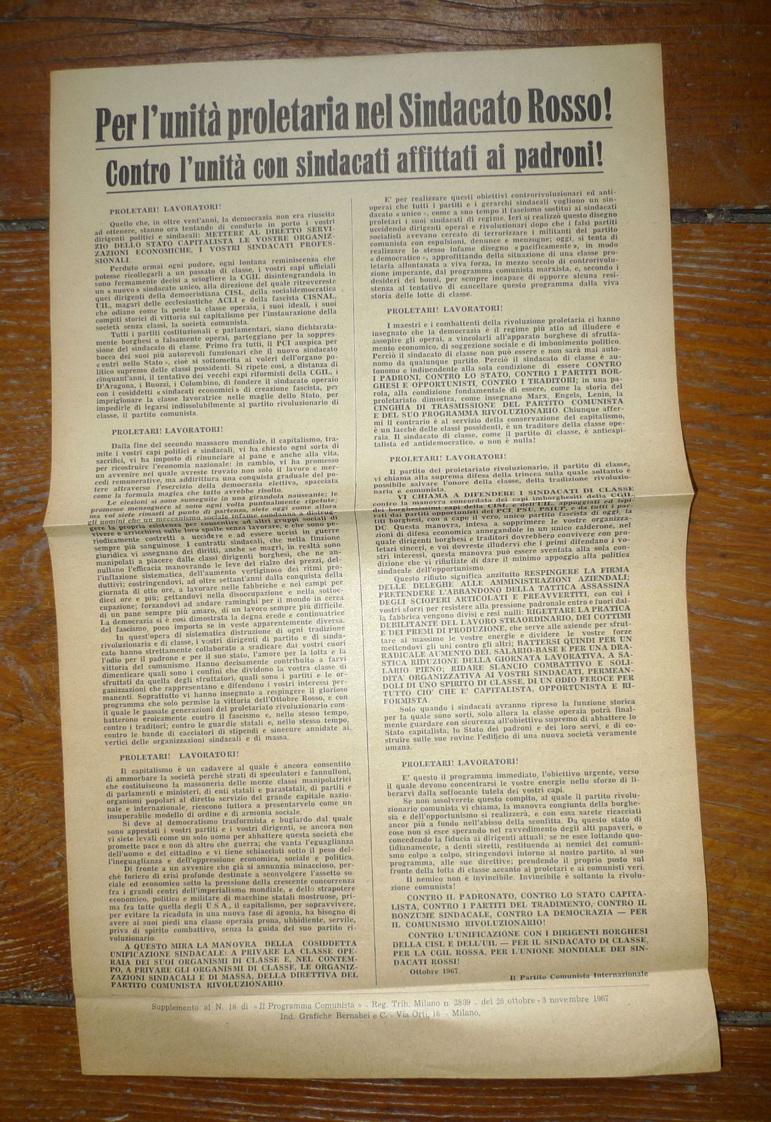 VOLANTINO PCint,PER L'UNITÀ PROLETARIA NEL SINDACATO ROSSO! 1967[CGIL,comunismo