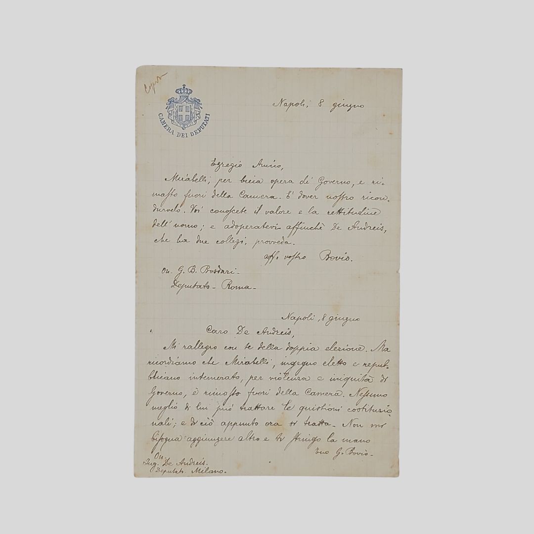 Due Lettere autografe firmate.Indirizzate a Giovanni Battista Bosdari eal Deputato …