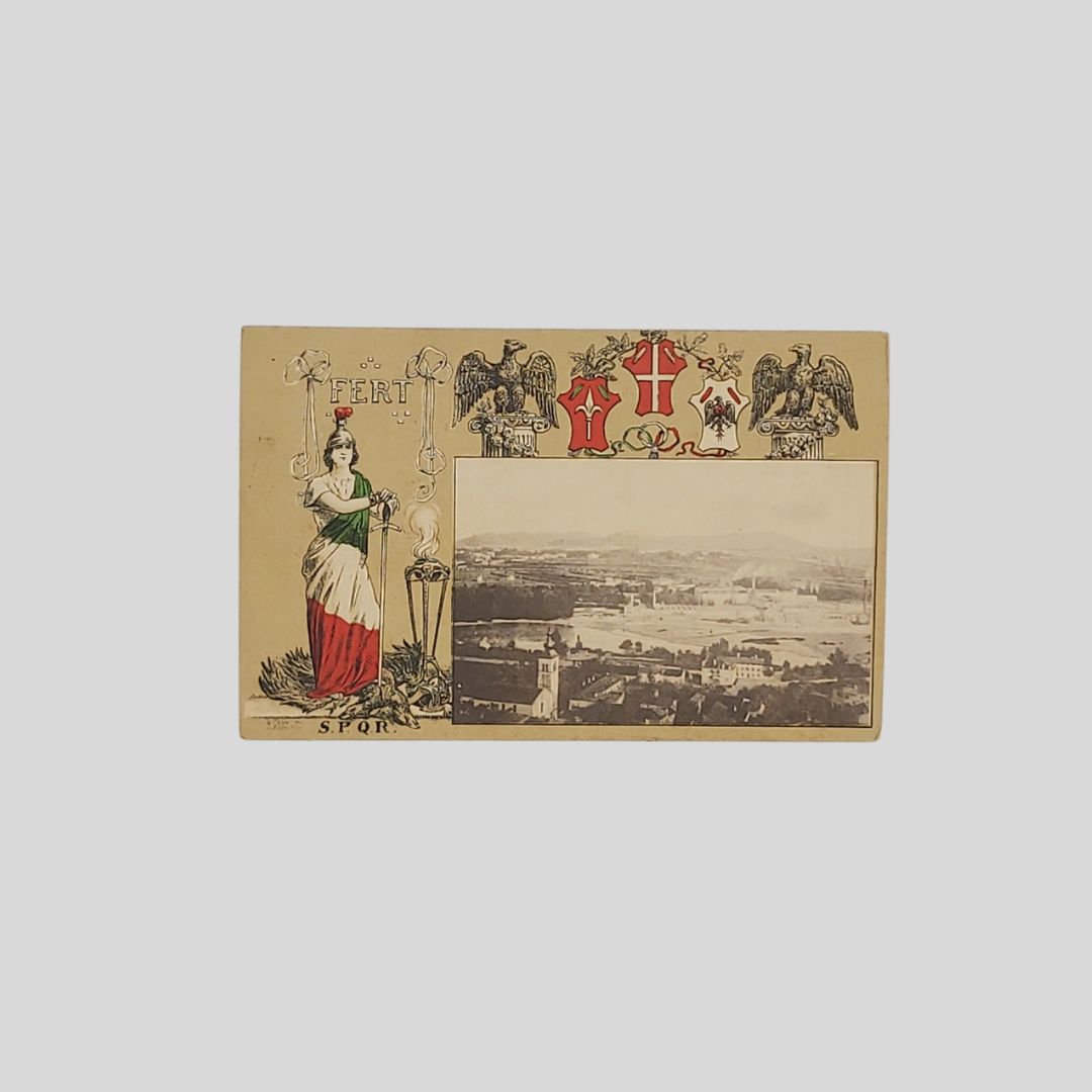 Gorizia. Veduta da Portegora. Con allegoria dell’Italia avvolta nel tricolore.