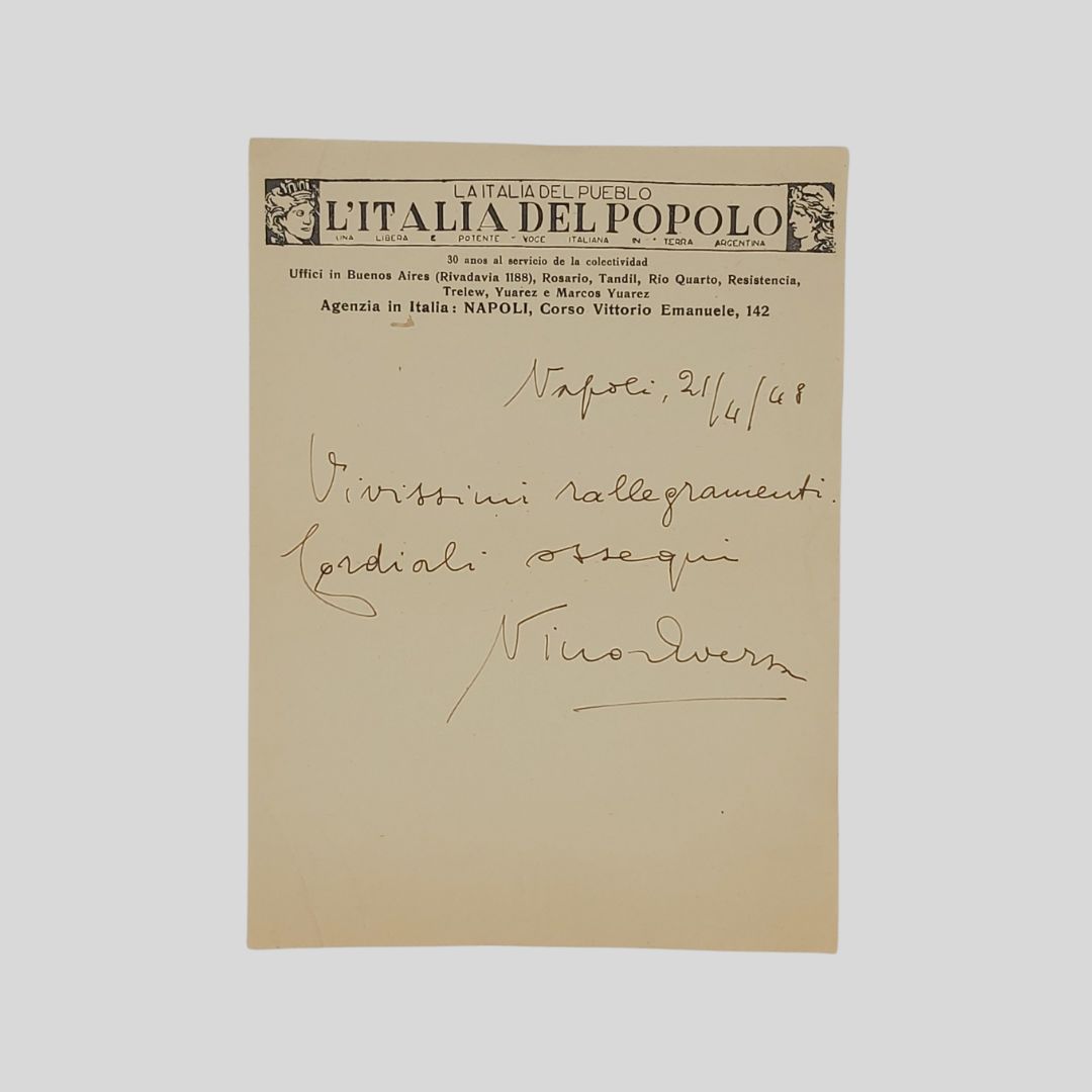 Lettera autografa firmata. Indirizzata a destinatario sconosciuto [Floriano Del Secolo].